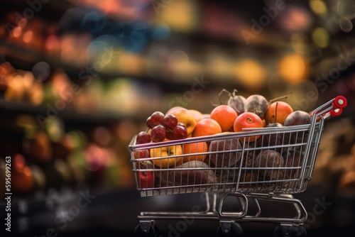 trolley with products on the background of shelves with products in the supermarket.blurred background. Generative AI