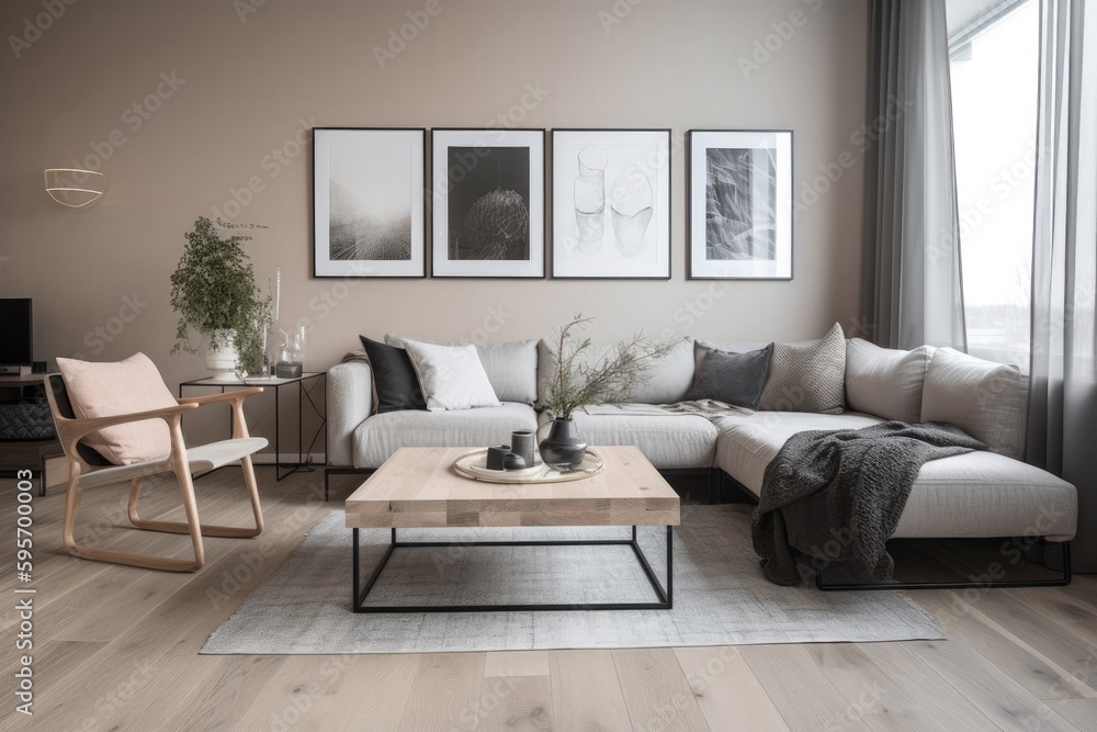 Fototapeta premium 3D rendering of a modern living room, furnished in Scandinavian style. The room features clean lines, minimalistic design, and a neutral color palette. Generative Ai