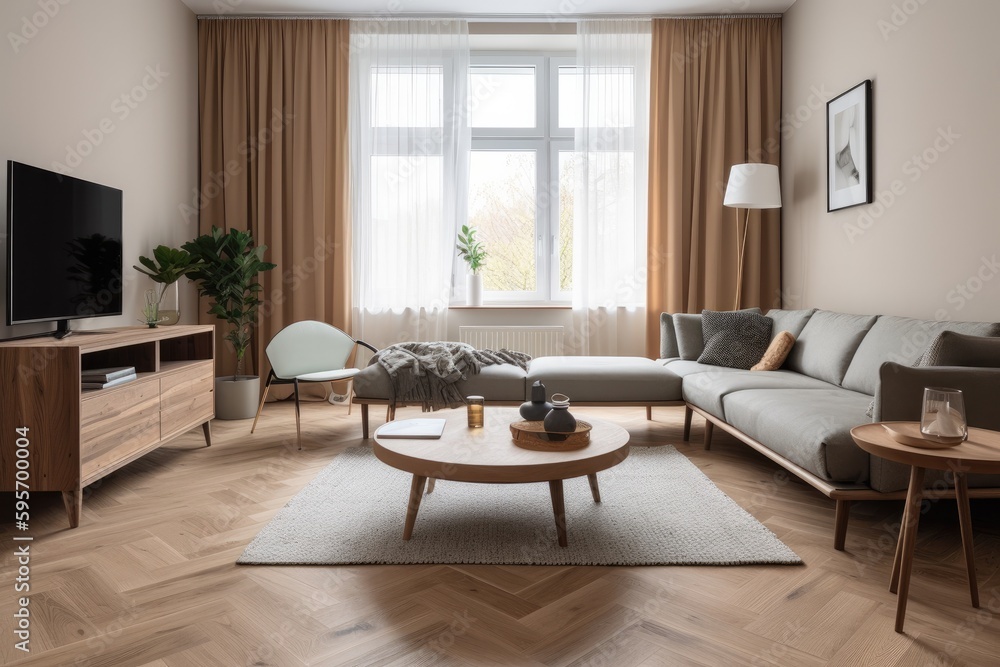 Fototapeta premium 3D rendering of a modern living room, furnished in Scandinavian style. The room features clean lines, minimalistic design, and a neutral color palette. Generative Ai