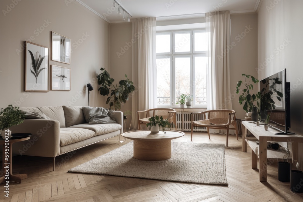 3D rendering of a modern living room, furnished in Scandinavian style. The room features clean lines, minimalistic design, and a neutral color palette. Generative Ai