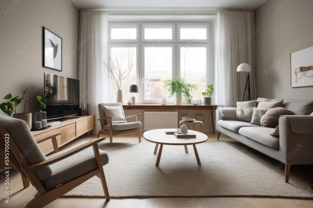 Fototapeta premium 3D rendering of a modern living room, furnished in Scandinavian style. The room features clean lines, minimalistic design, and a neutral color palette. Generative Ai