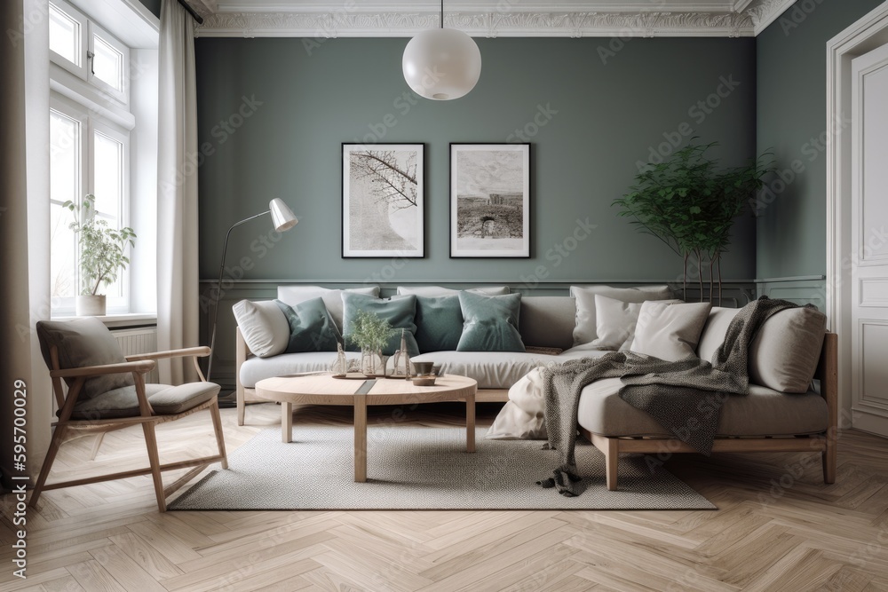 Fototapeta premium 3D rendering of a modern living room, furnished in Scandinavian style. The room features clean lines, minimalistic design, and a neutral color palette. Generative Ai