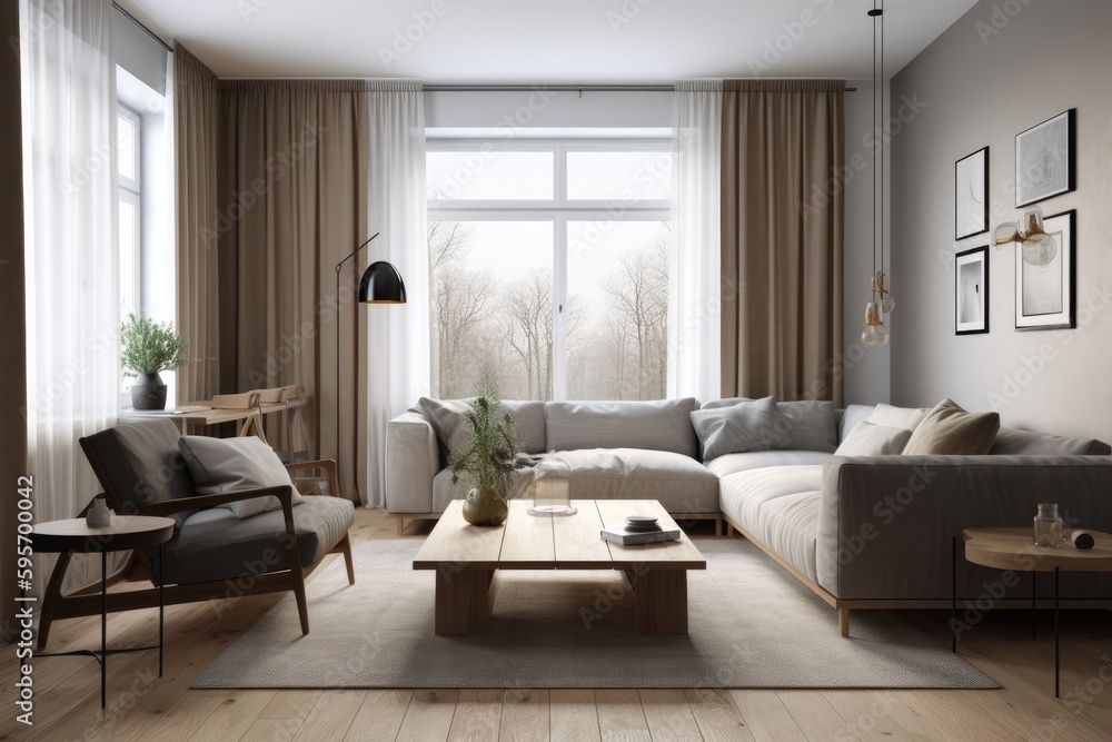 3D rendering of a modern living room, furnished in Scandinavian style. The room features clean lines, minimalistic design, and a neutral color palette. Generative Ai 3D rendering of a modern living room, furnished in Scandinavian style. The room features clean lines, minimalistic design, and a neutral color palette. Generative Ai