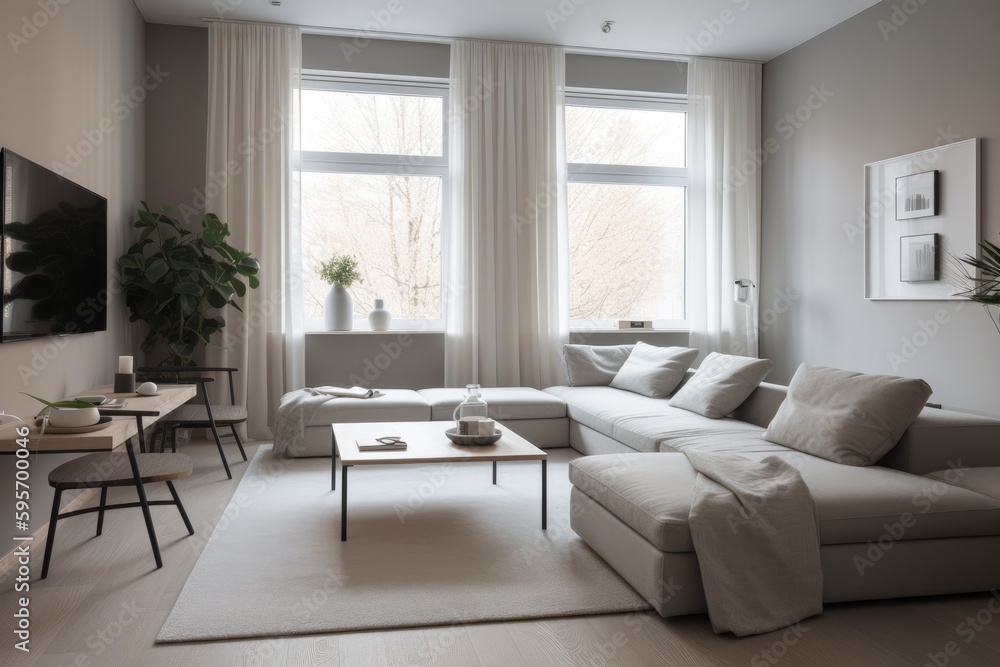 Fototapeta premium 3D rendering of a modern living room, furnished in Scandinavian style. The room features clean lines, minimalistic design, and a neutral color palette. Generative Ai