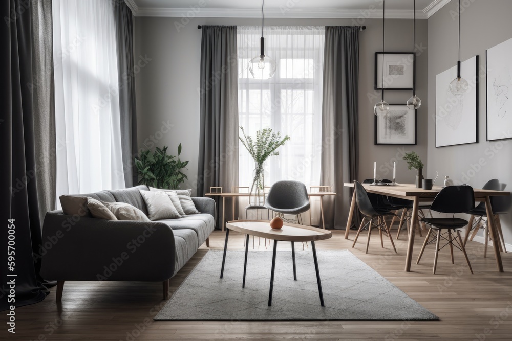 3D rendering of a modern living room, furnished in Scandinavian style. The room features clean lines, minimalistic design, and a neutral color palette. Generative Ai 3D rendering of a modern living room, furnished in Scandinavian style. The room features clean lines, minimalistic design, and a neutral color palette. Generative Ai