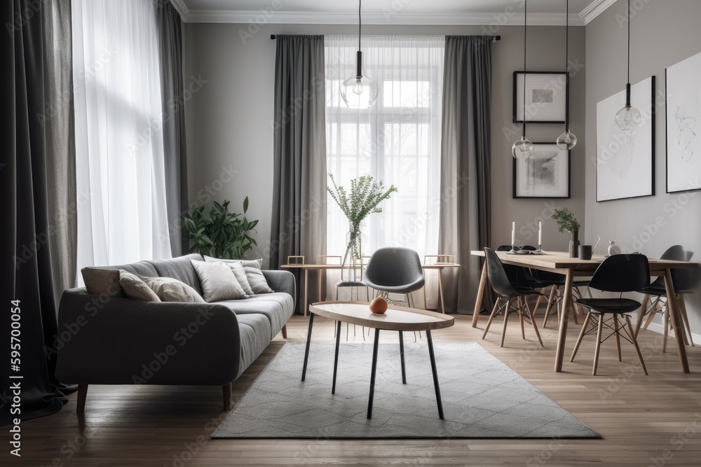 3D rendering of a modern living room, furnished in Scandinavian style. The room features clean lines, minimalistic design, and a neutral color palette. Generative Ai