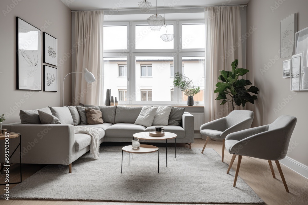 Fototapeta premium 3D rendering of a modern living room, furnished in Scandinavian style. The room features clean lines, minimalistic design, and a neutral color palette. Generative Ai