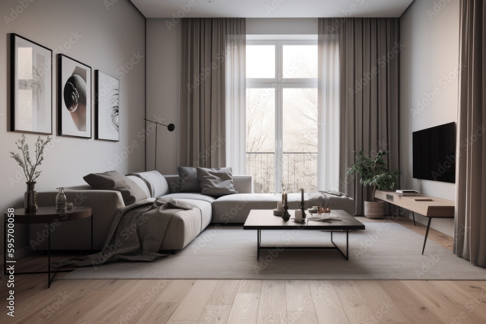 Fototapeta premium 3D rendering of a modern living room, furnished in Scandinavian style. The room features clean lines, minimalistic design, and a neutral color palette. Generative Ai