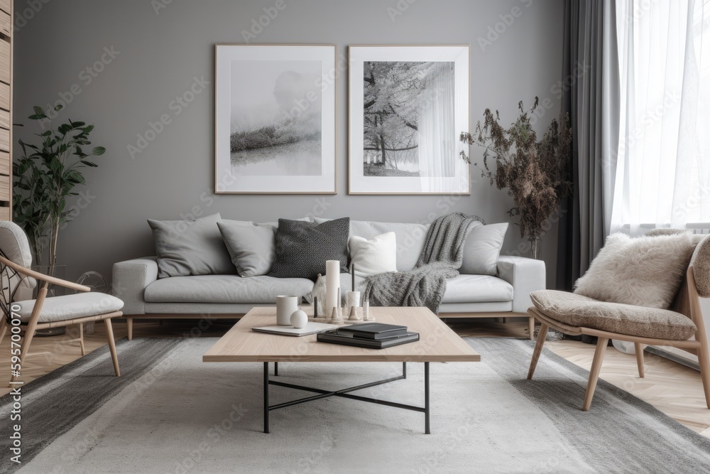 Fototapeta premium 3D rendering of a modern living room, furnished in Scandinavian style. The room features clean lines, minimalistic design, and a neutral color palette. Generative Ai