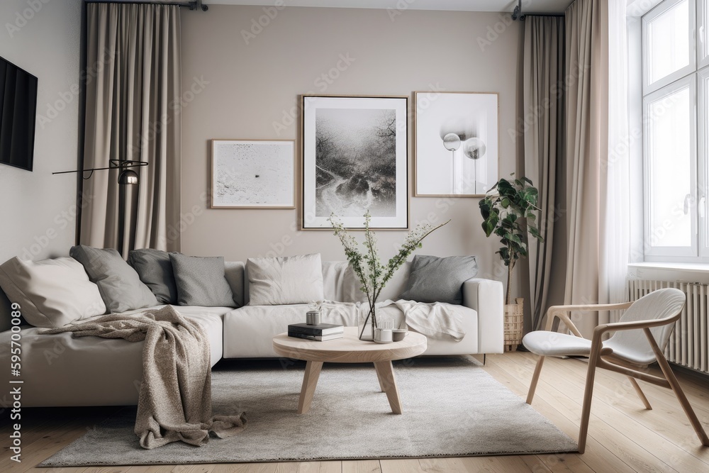 Fototapeta premium 3D rendering of a modern living room, furnished in Scandinavian style. The room features clean lines, minimalistic design, and a neutral color palette. Generative Ai