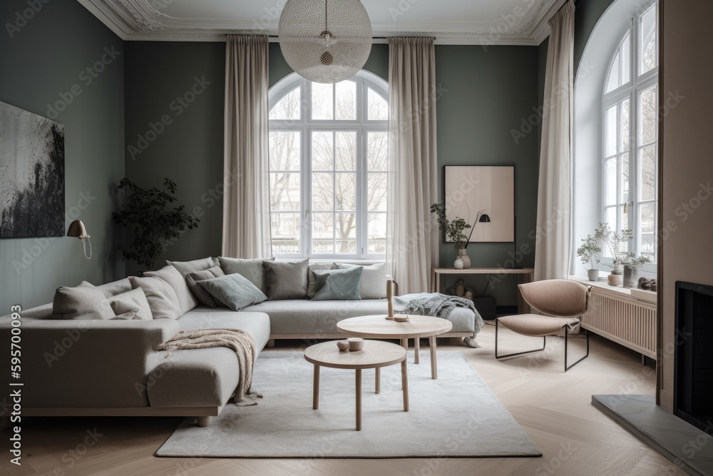 3D rendering of a modern living room, furnished in Scandinavian style. The room features clean lines, minimalistic design, and a neutral color palette. Generative Ai