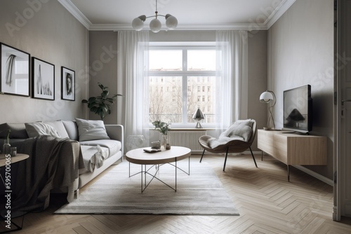 3D rendering of a modern living room, furnished in Scandinavian style. The room features clean lines, minimalistic design, and a neutral color palette. Generative Ai