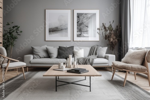 3D rendering of a modern living room, furnished in Scandinavian style. The room features clean lines, minimalistic design, and a neutral color palette. Generative Ai © ChaoticMind