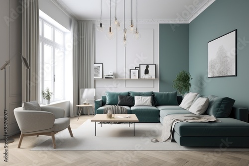 3D rendering of a modern living room, furnished in Scandinavian style. The room features clean lines, minimalistic design, and a neutral color palette. Generative Ai © ChaoticMind