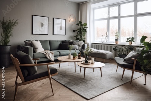 3D rendering of a modern living room  furnished in Scandinavian style. The room features clean lines  minimalistic design  and a neutral color palette. Generative Ai