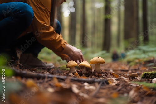 Man hands picking up mushrooms in the forest close up, autumn nature on the background, free space for text. Generative AI