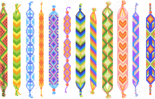 Friendship bracelets. Diy hippy bracelet, craft jewelry wristband of brotherhood unity amity, thread colorful pattern bohemian fabric design, children band neat vector illustration
