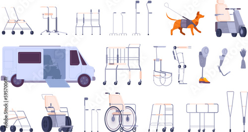 Walker devices. Variety walkers mobility aids and medical equipment for disability person, wood cane wheelchair crutch walking stick prosthetics, set splendid vector illustration photo