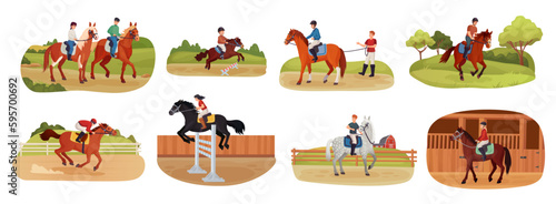 People horseback. Instructor lesson ride on horses female equestrian, man rider sitting jump horse, jockey rushing aim, child riding pony horsemanship ingenious vector illustration