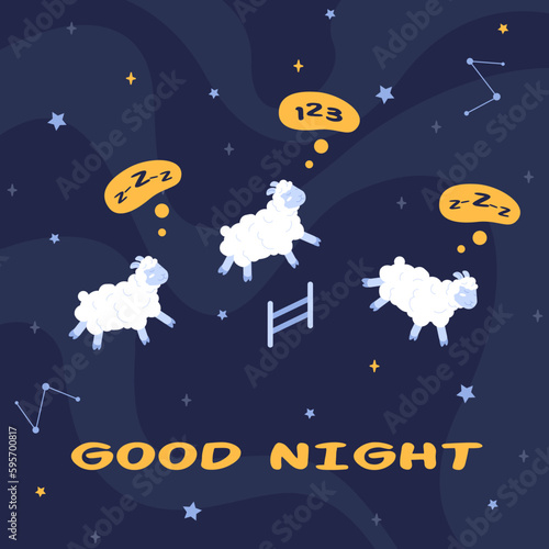 Counting sheep. Funny sheeps jump over fence for bedtime count, sleepless night insomnia or good sleep concept, sleepy lamb comic baby kids character, cartoon vector illustration