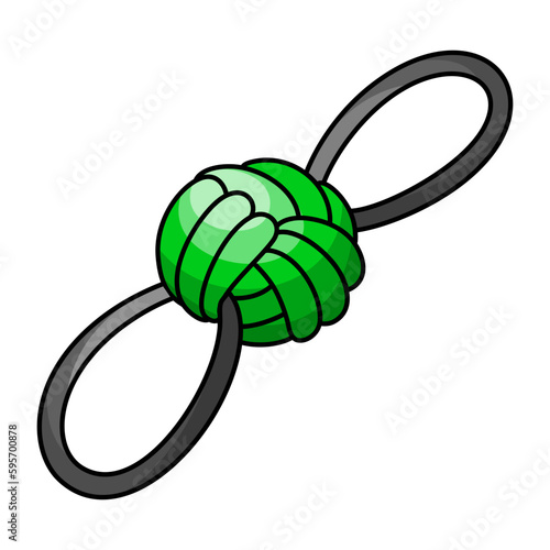 Cartoon dog toy. Bounce rope ball. Supplies for playing with puppies and adults dogs. Colorful clipart of accessories and goods for pet shop. Isolated vector illustration.
