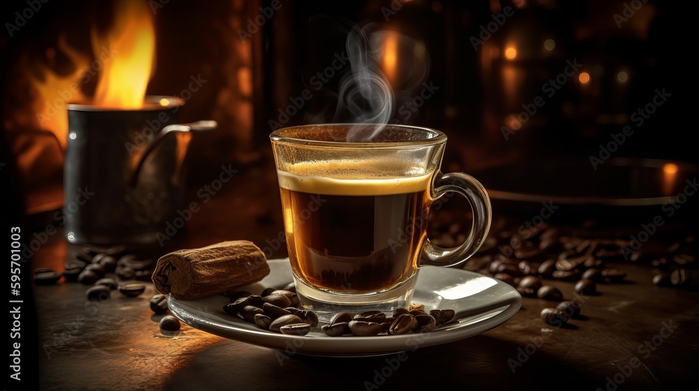 Cup of hot coffee with smoke on wooden table on blurred background. Al generated Cup of hot coffee with smoke on wooden table on blurred background. Al generated