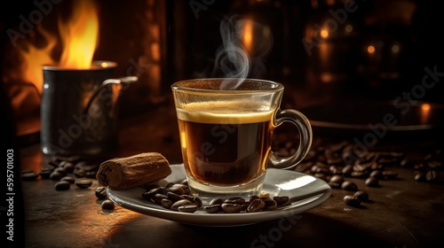 Cup of hot coffee with smoke on wooden table on blurred background. Al generated