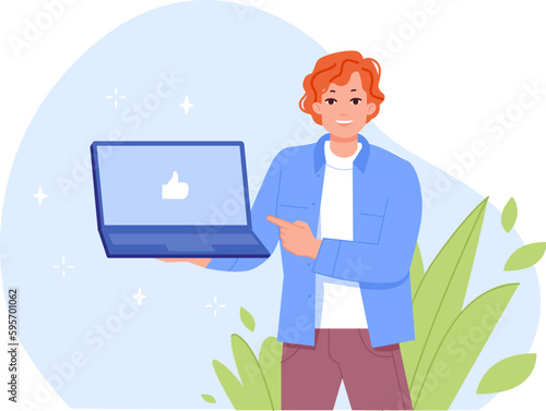 Man showing notebook. Young manager pointing finger on laptop, happy businessman holding computer with like at screen pc monitor, hipster confidence employee vector illustration