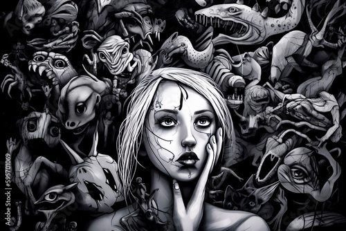 Painting of woman surrounded by lot of dead animals and monsters. Generative AI. photo