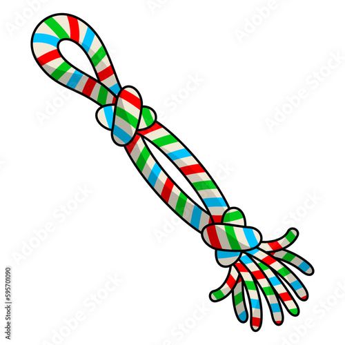 Cartoon doggy toy. Braided cotton rope tug for playing with puppies and adults dogs. Colorful clipart of accessories and goods for pet shop. Isolated vector illustration.