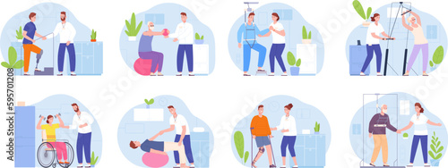 People rehabilitation therapy. Rehab walking disability patient after injury trauma, physiotherapy treatment in hospital gym wellness physical exercise splendid vector illustration