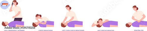 First aid procedures. Steps perform emergency first aid, cardiopulmonary resuscitation techniques chest compression training, emergency help guidelines splendid vector illustration