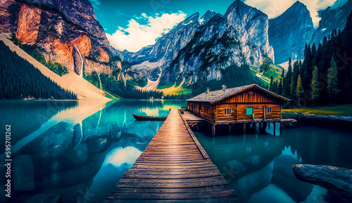 Foto Wooden dock sitting on top of lake next to mountain range