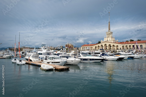 Russia, Sochi -April 13, 2023, seaport, Ships and yachts at the pier © Ms VectorPlus