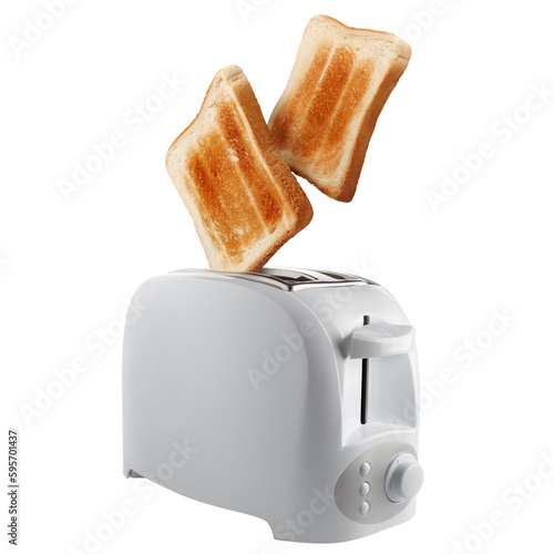 Roasted toasts popping out of a white toaster, cut out