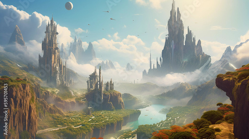 Beautiful Utopia Futuristic Metropolis 3D Art Illustration.  Waterfalls  mountains  vegetation  Sci-Fi City Conceptual Background.  AI Generated 