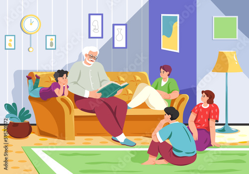 Grandfather reading to children. Grandpa read book story for kids or grandkids on sofa, grandparent in chair talking stories and fairytale