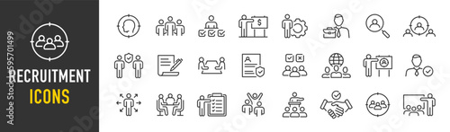 Recruitment web icons in line style. Headhunting, career, resume, work group, candidate, job hiring, collection. Vector illustration.