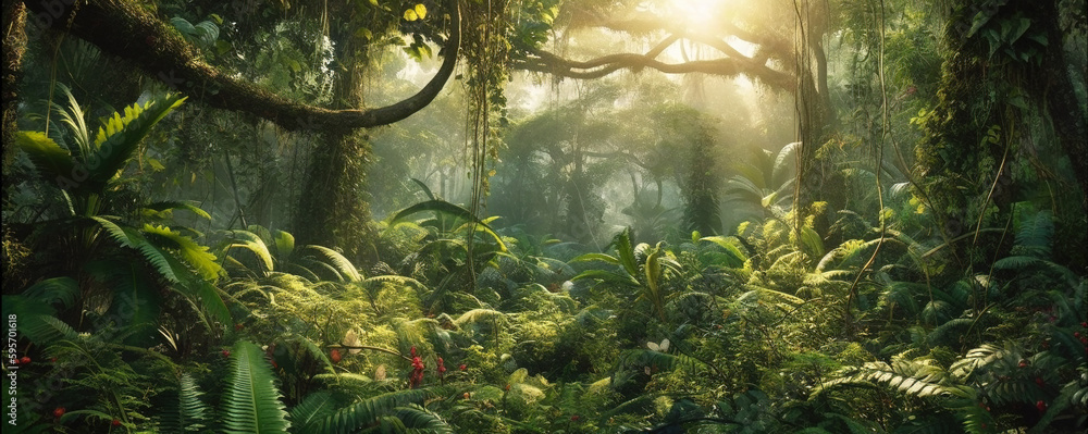 Panorama of dense jungle, wild forest with palm trees and tropical plants. Landscape of green wilderness, thick, theme of adventure, nature and rainforest.