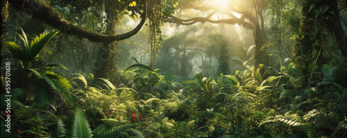 Panorama of dense jungle  wild forest with palm trees and tropical plants. Landscape of green wilderness  thick  theme of adventure  nature and rainforest.