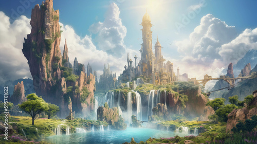 Beautiful Utopia Futuristic Metropolis 3D Art Illustration.  Waterfalls, mountains, vegetation, Sci-Fi City Conceptual Background. (AI Generated)