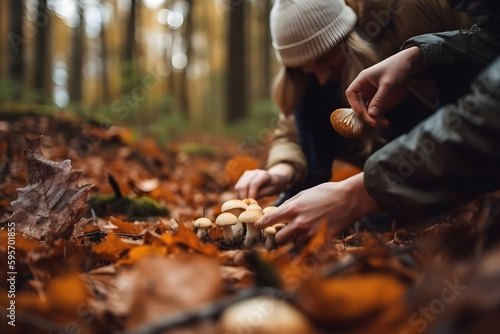 A couple picking up mushrooms in the forest, autumn nature on the background, free space for text. Generative AI