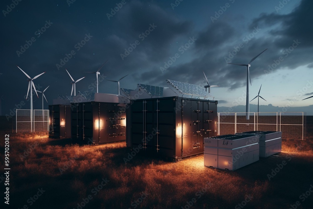 Renewable energy station with solar panels, wind turbines, and large battery storage. Backup power system. Generative AI - obrazy, fototapety, plakaty 