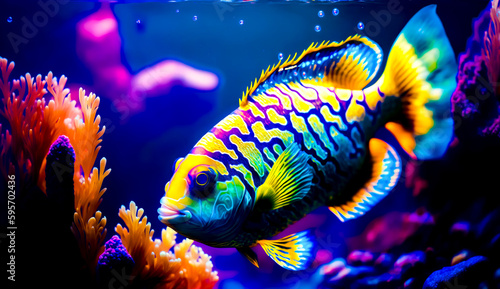 Colorful fish swimming in aquarium with corals and other corals. Generative AI. photo