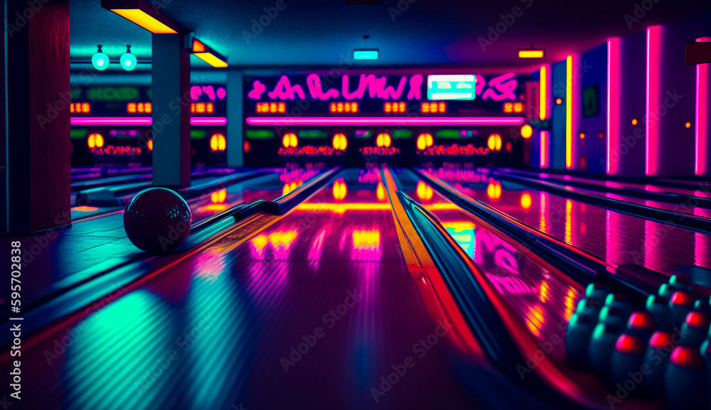 Bowling alley with neon lights and bowling ball on the bowling alley