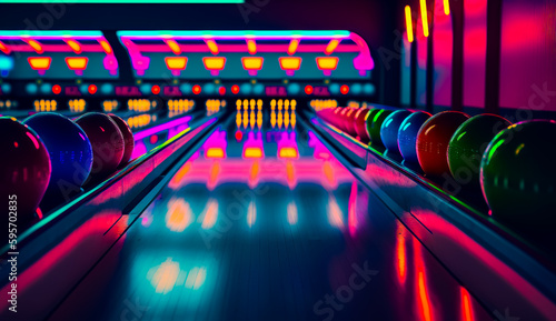 Bowling alley with neon lights and bowling balls on the bowling alley floor. Generative AI.