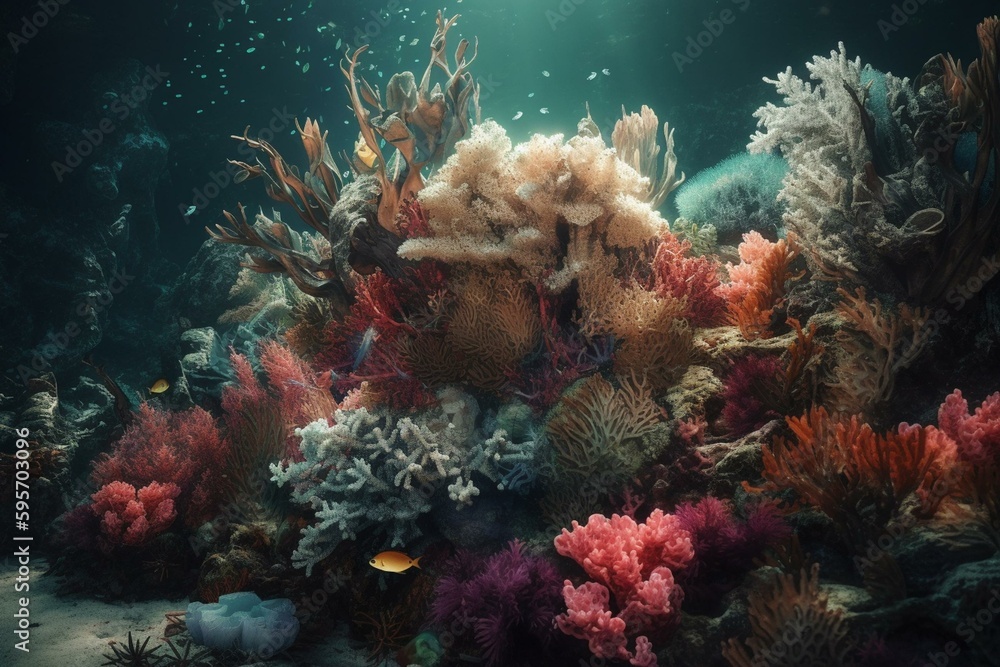 A colorful digital artwork of a coral reef teeming with fish. Generative AI