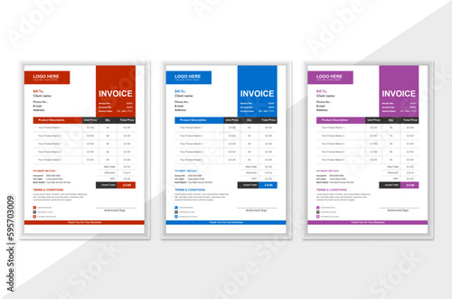 Professional business invoice design in three attractive and abstract color variations.