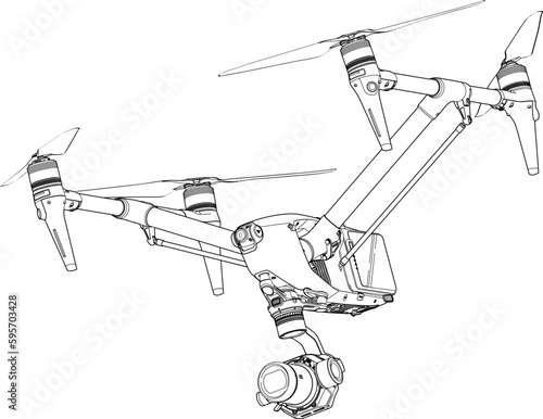 Drone FPV Line Stroke. Inspire 3, Remote COntroller. Drone Vector Isolated. White Background. D202304008