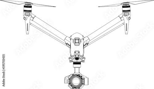 Drone FPV Line Stroke. Inspire 3, Remote COntroller. Drone Vector Isolated. White Background. D202304004